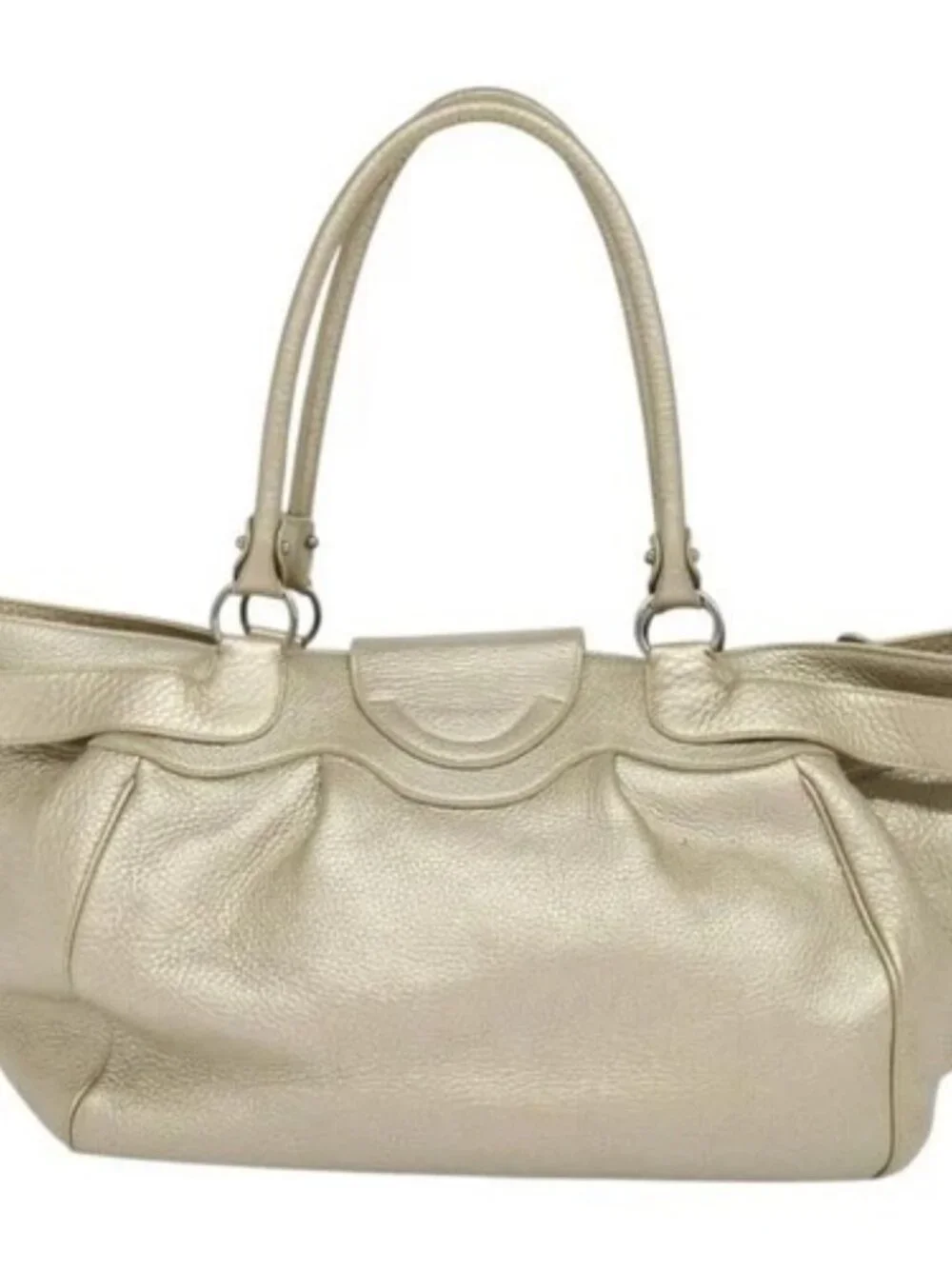 Salvatore Ferragamo Gancini Tote Bag Leather Silver Gold Auth JB034